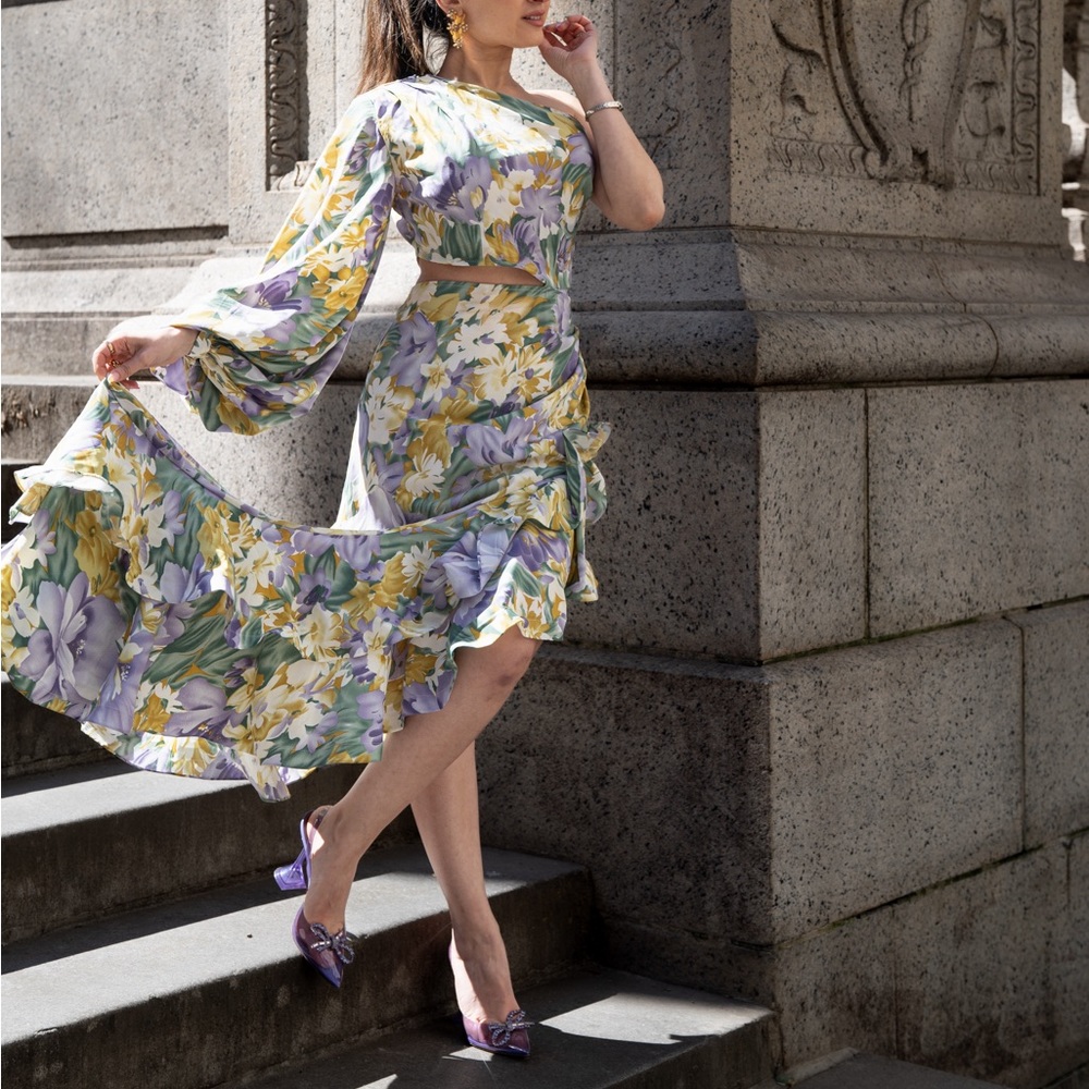 Asymmetrical Tropics Maxi Dress in Lavender & Multicolor from Bronx and Banco
